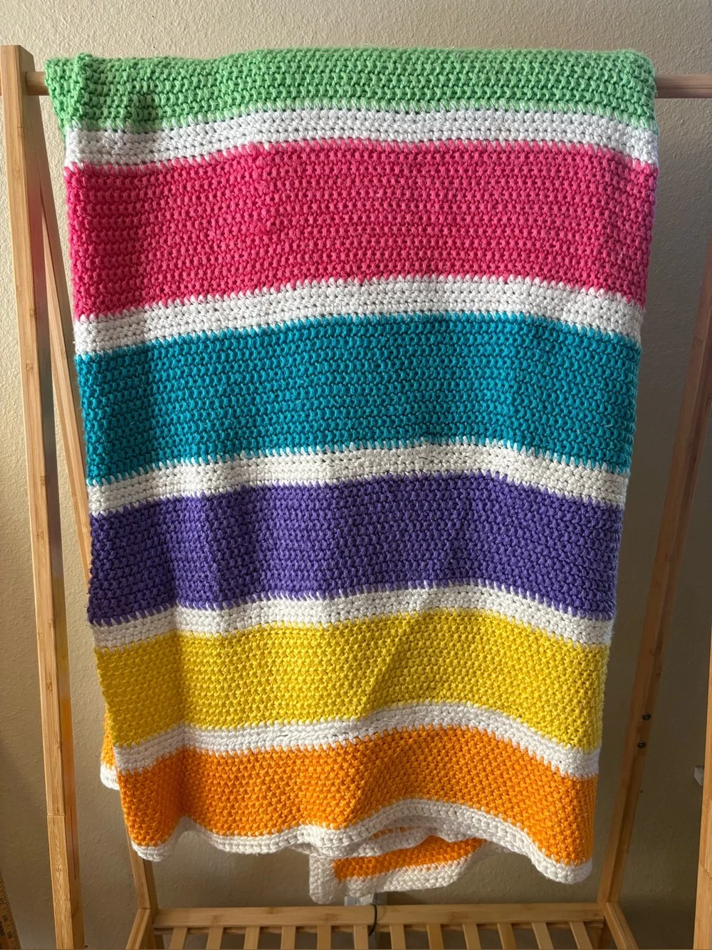 Handmade Crochet Striped Colorblock Throw - Bright Rainbow Colors Large